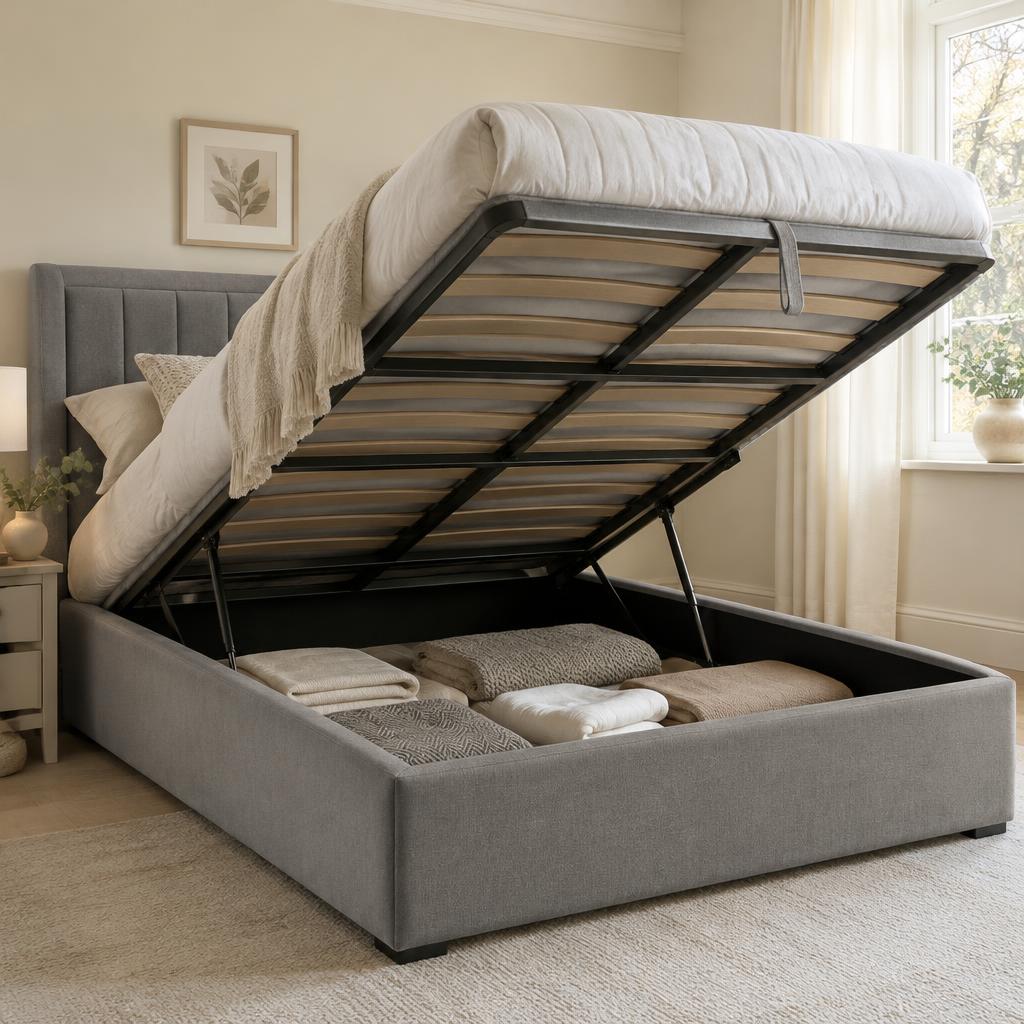 Illustrative ottoman bed lifted open, showing storage beneath