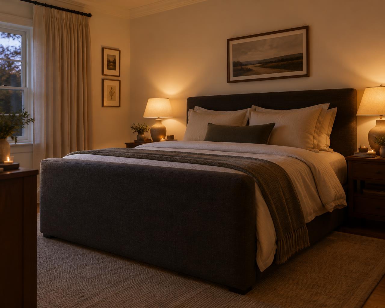Illustrative bedroom in warm evening lamplight